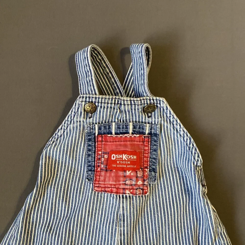 OshKosh B'gosh Denim Overalls 12M Hickory Stripe Red Tag Denim Patch Knees Baby